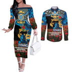 Personalised Titans Rugby ANZAC Day Couples Matching Off The Shoulder Long Sleeve Dress and Long Sleeve Button Shirt Last Post Poppy We Will Remember Them