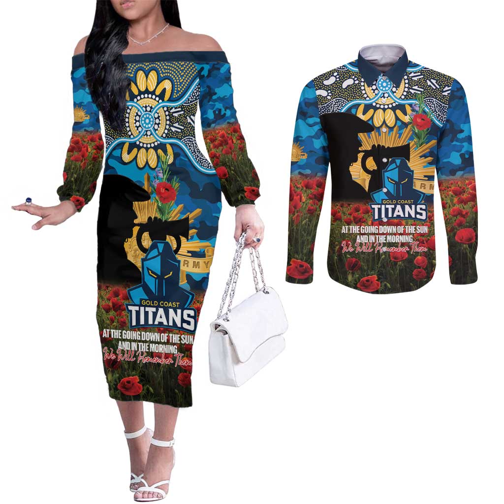 Personalised Titans Rugby ANZAC Day Couples Matching Off The Shoulder Long Sleeve Dress and Long Sleeve Button Shirt Last Post Poppy We Will Remember Them