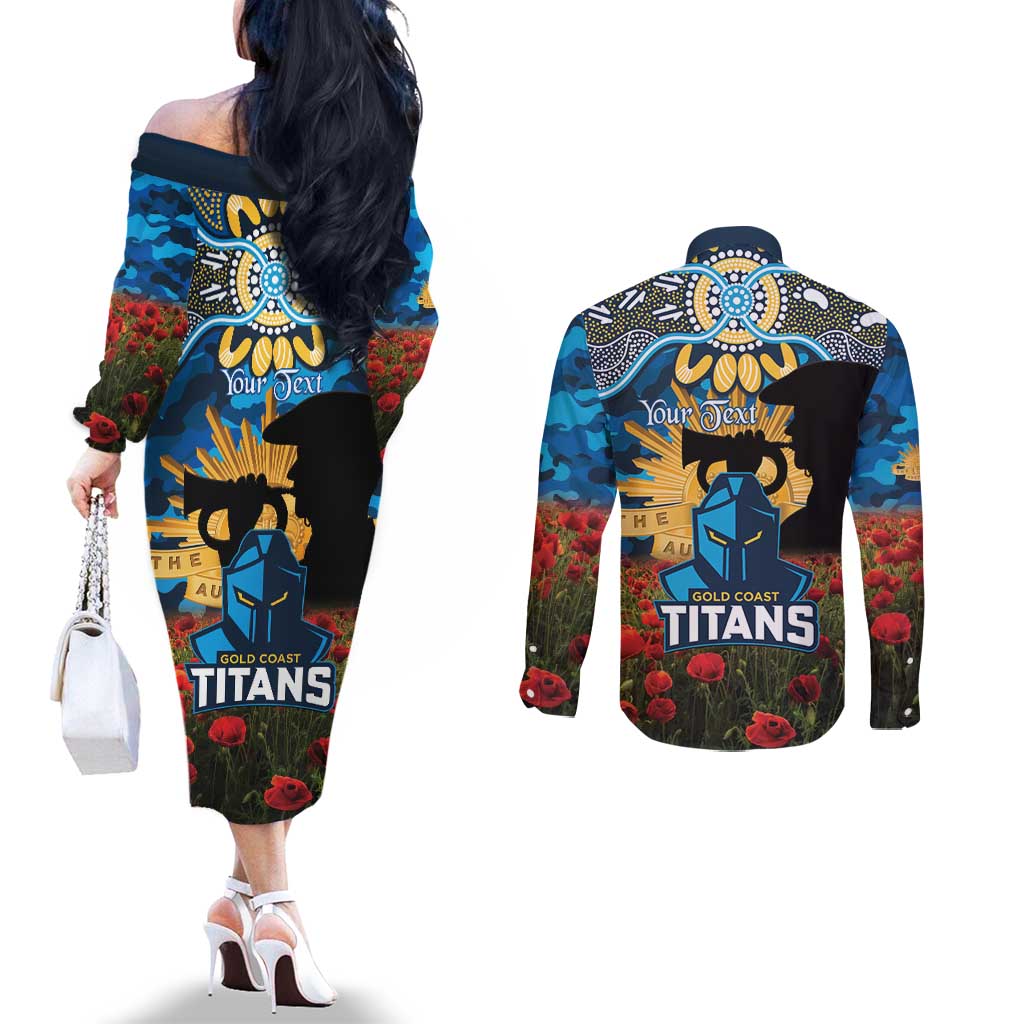 Personalised Titans Rugby ANZAC Day Couples Matching Off The Shoulder Long Sleeve Dress and Long Sleeve Button Shirt Last Post Poppy We Will Remember Them