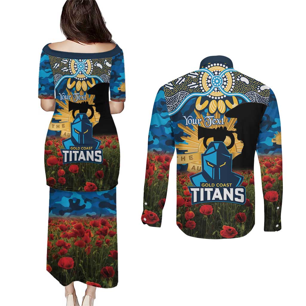 Personalised Titans Rugby ANZAC Day Couples Matching Puletasi and Long Sleeve Button Shirt Last Post Poppy We Will Remember Them