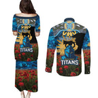 Personalised Titans Rugby ANZAC Day Couples Matching Puletasi and Long Sleeve Button Shirt Last Post Poppy We Will Remember Them