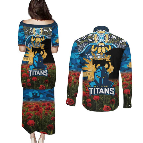 Personalised Titans Rugby ANZAC Day Couples Matching Puletasi and Long Sleeve Button Shirt Last Post Poppy We Will Remember Them