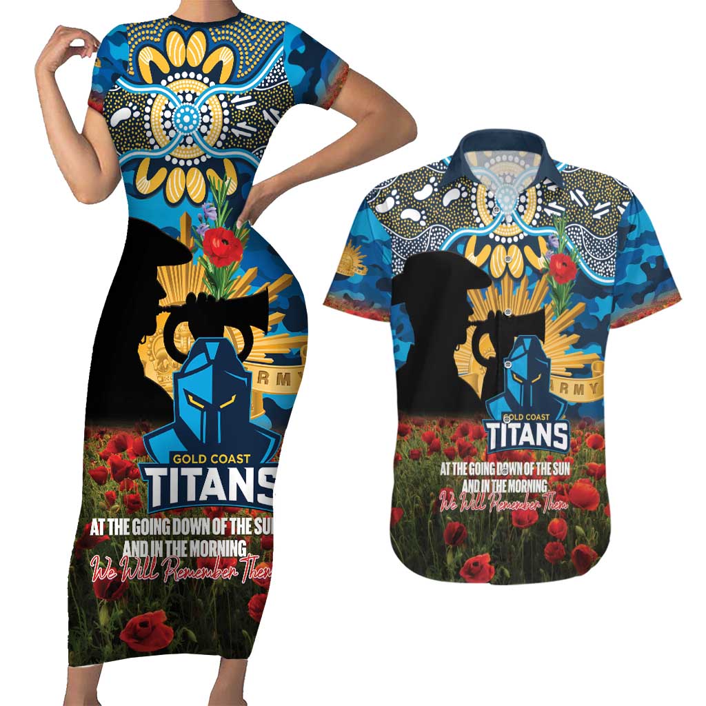 Personalised Titans Rugby ANZAC Day Couples Matching Short Sleeve Bodycon Dress and Hawaiian Shirt Last Post Poppy We Will Remember Them
