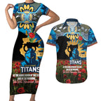 Personalised Titans Rugby ANZAC Day Couples Matching Short Sleeve Bodycon Dress and Hawaiian Shirt Last Post Poppy We Will Remember Them
