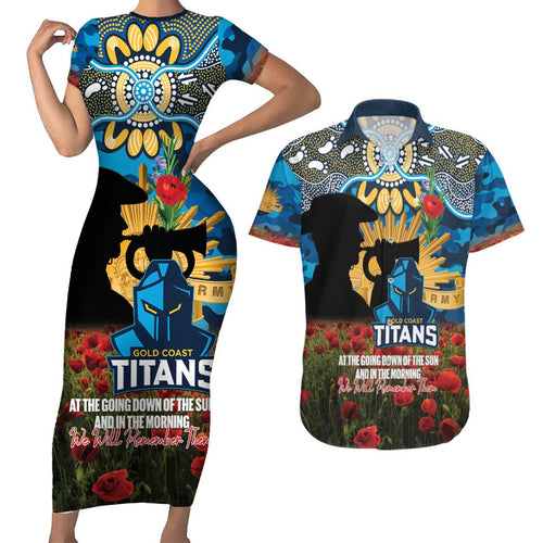 Personalised Titans Rugby ANZAC Day Couples Matching Short Sleeve Bodycon Dress and Hawaiian Shirt Last Post Poppy We Will Remember Them