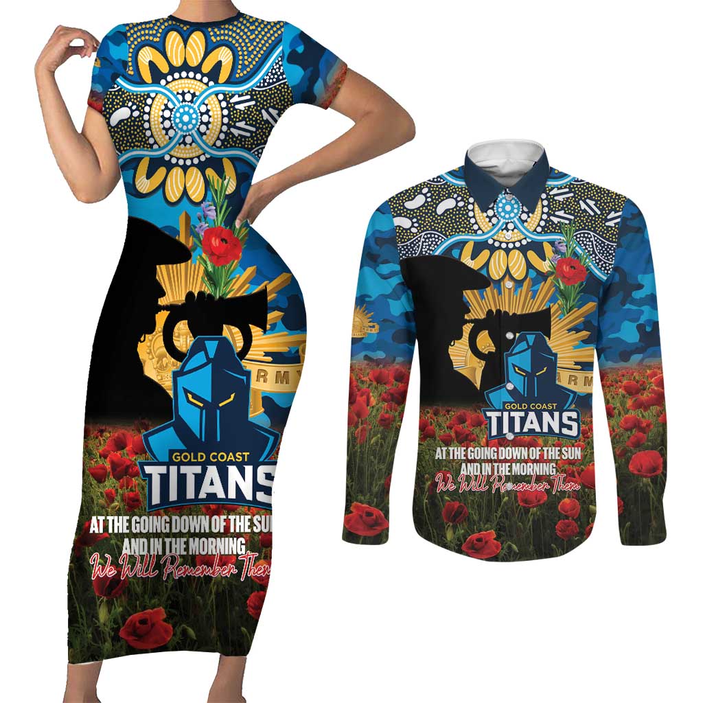 Personalised Titans Rugby ANZAC Day Couples Matching Short Sleeve Bodycon Dress and Long Sleeve Button Shirt Last Post Poppy We Will Remember Them
