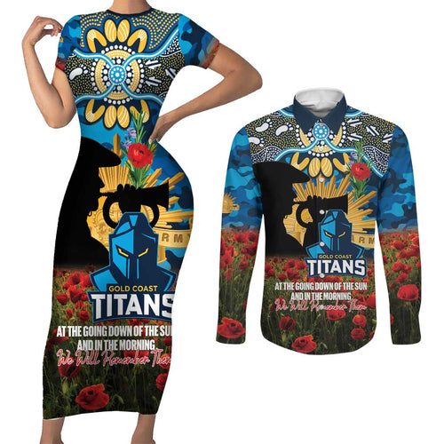 Personalised Titans Rugby ANZAC Day Couples Matching Short Sleeve Bodycon Dress and Long Sleeve Button Shirt Last Post Poppy We Will Remember Them