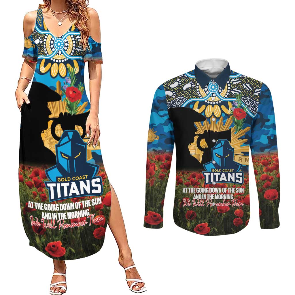 Personalised Titans Rugby ANZAC Day Couples Matching Summer Maxi Dress and Long Sleeve Button Shirt Last Post Poppy We Will Remember Them