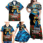 Personalised Titans Rugby ANZAC Day Family Matching Off Shoulder Maxi Dress and Hawaiian Shirt Last Post Poppy We Will Remember Them