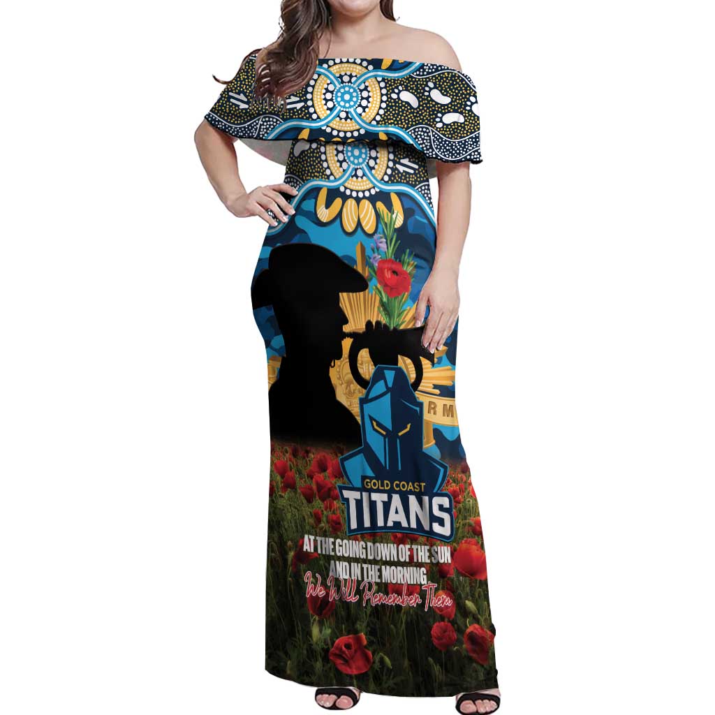 Personalised Titans Rugby ANZAC Day Off Shoulder Maxi Dress Last Post Poppy We Will Remember Them