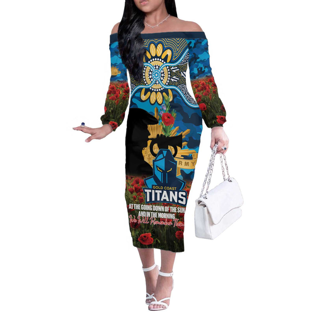 Personalised Titans Rugby ANZAC Day Off The Shoulder Long Sleeve Dress Last Post Poppy We Will Remember Them