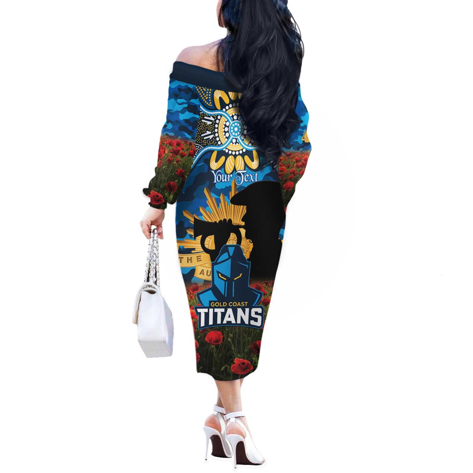 Personalised Titans Rugby ANZAC Day Off The Shoulder Long Sleeve Dress Last Post Poppy We Will Remember Them