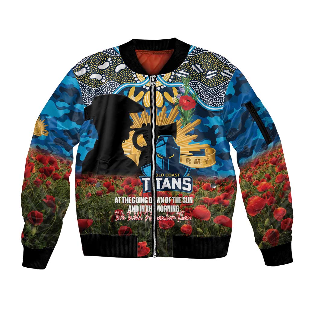 Personalised Titans Rugby ANZAC Day Sleeve Zip Bomber Jacket Last Post Poppy We Will Remember Them