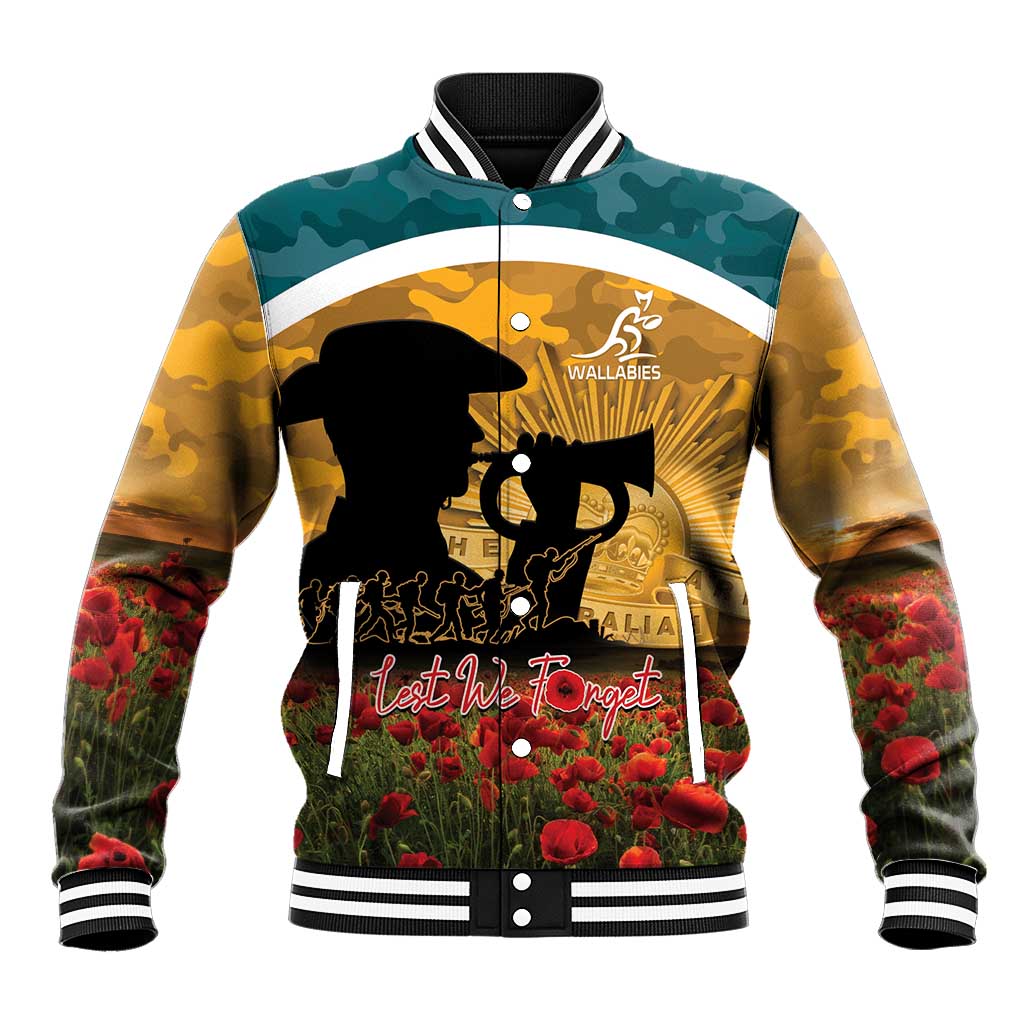 Personalised Wallabies ANZAC Day Baseball Jacket Last Post Poppy Lest We Forget