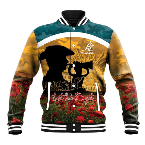 Personalised Wallabies ANZAC Day Baseball Jacket Last Post Poppy Lest We Forget