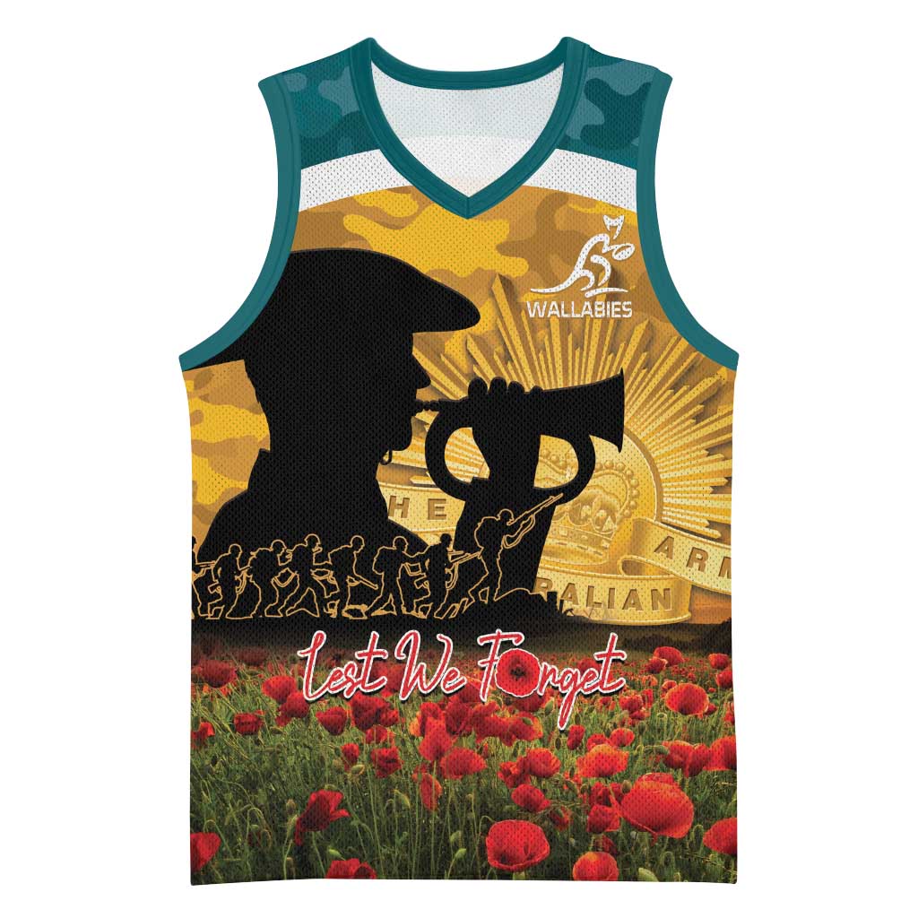 Personalised Wallabies ANZAC Day Basketball Jersey Last Post Poppy Lest We Forget