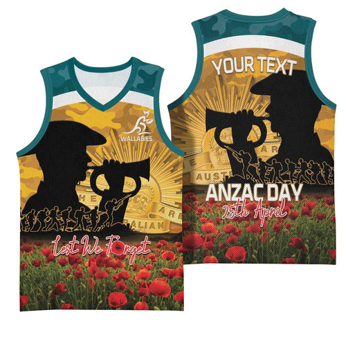 Personalised Wallabies ANZAC Day Basketball Jersey Last Post Poppy Lest We Forget