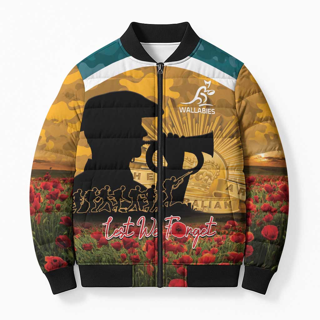 Personalised Wallabies ANZAC Day Bomber Puffer Jacket Last Post Poppy Lest We Forget