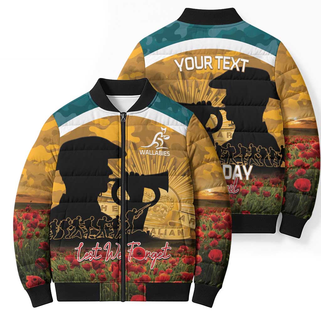 Personalised Wallabies ANZAC Day Bomber Puffer Jacket Last Post Poppy Lest We Forget