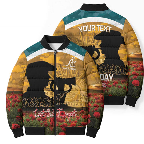 Personalised Wallabies ANZAC Day Bomber Puffer Jacket Last Post Poppy Lest We Forget