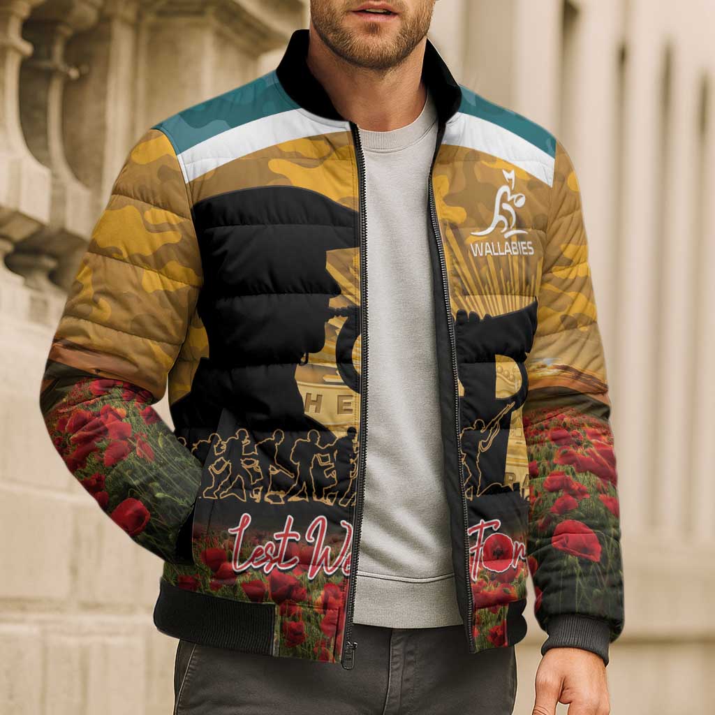 Personalised Wallabies ANZAC Day Bomber Puffer Jacket Last Post Poppy Lest We Forget