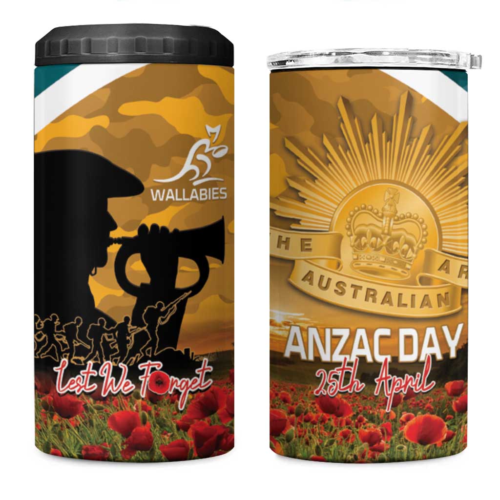 Personalised Wallabies ANZAC Day 4 in 1 Can Cooler Tumbler Last Post Poppy Lest We Forget