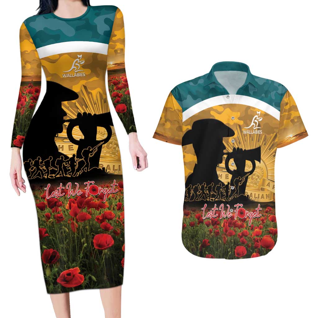 Personalised Wallabies ANZAC Day Couples Matching Long Sleeve Bodycon Dress and Hawaiian Shirt Last Post Poppy Lest We Forget