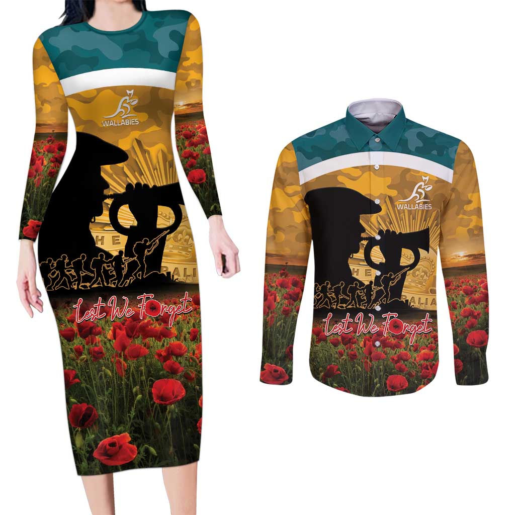 Personalised Wallabies ANZAC Day Couples Matching Long Sleeve Bodycon Dress and Long Sleeve Button Shirt Last Post Poppy Lest We Forget