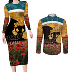 Personalised Wallabies ANZAC Day Couples Matching Long Sleeve Bodycon Dress and Long Sleeve Button Shirt Last Post Poppy Lest We Forget
