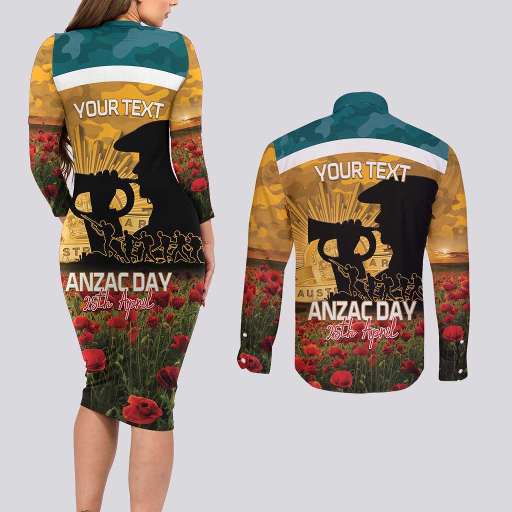 Personalised Wallabies ANZAC Day Couples Matching Long Sleeve Bodycon Dress and Long Sleeve Button Shirt Last Post Poppy Lest We Forget