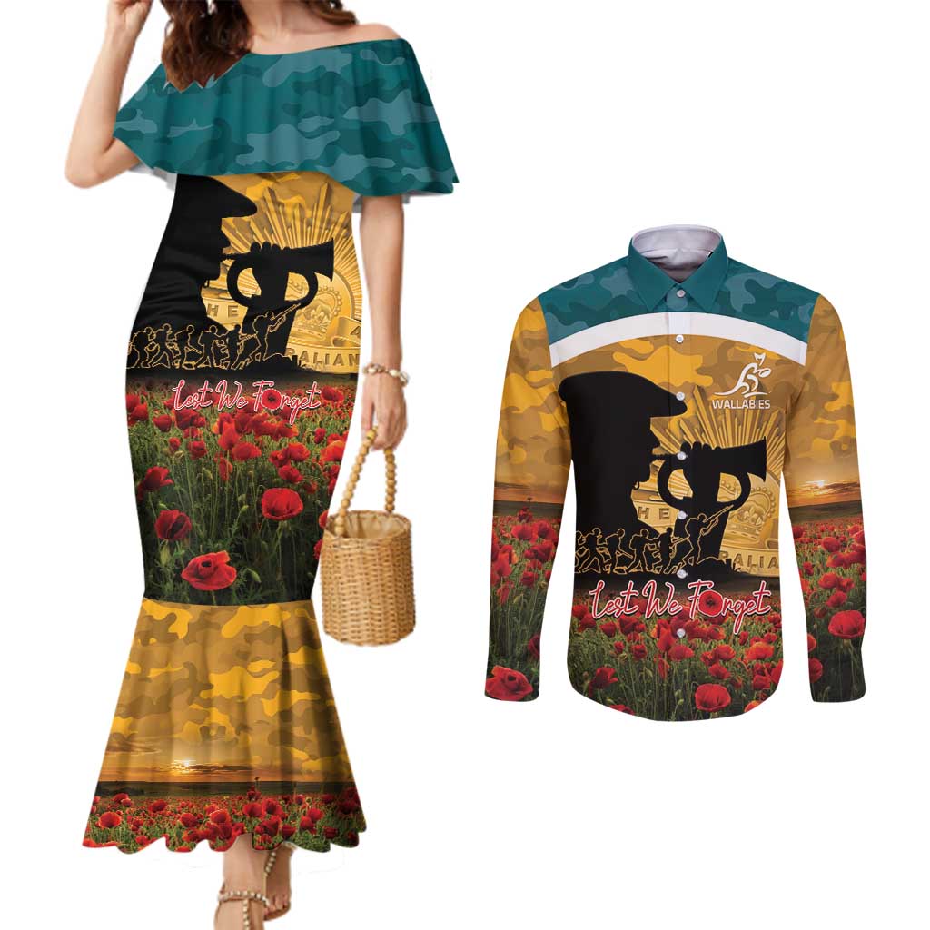 Personalised Wallabies ANZAC Day Couples Matching Mermaid Dress and Long Sleeve Button Shirt Last Post Poppy Lest We Forget
