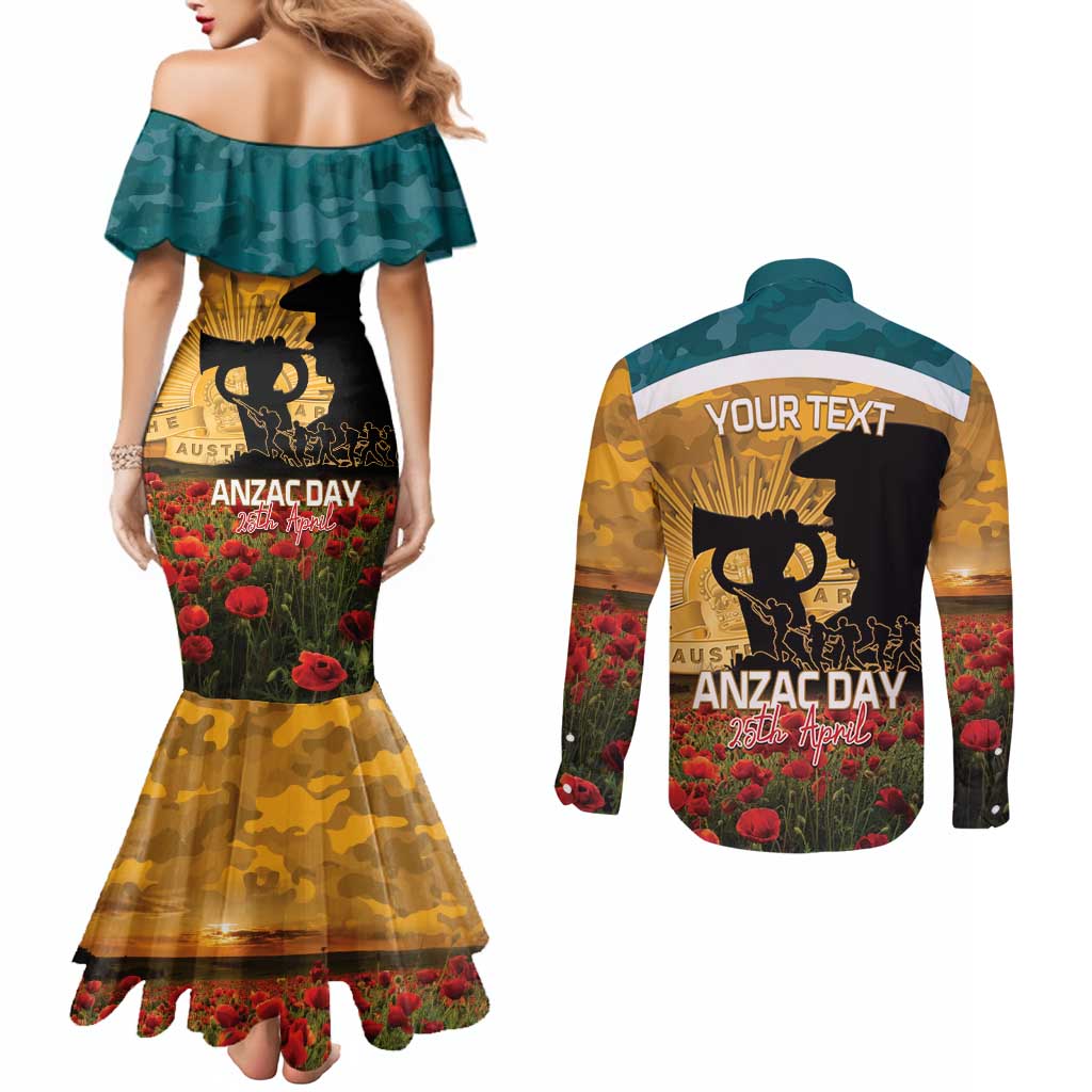 Personalised Wallabies ANZAC Day Couples Matching Mermaid Dress and Long Sleeve Button Shirt Last Post Poppy Lest We Forget