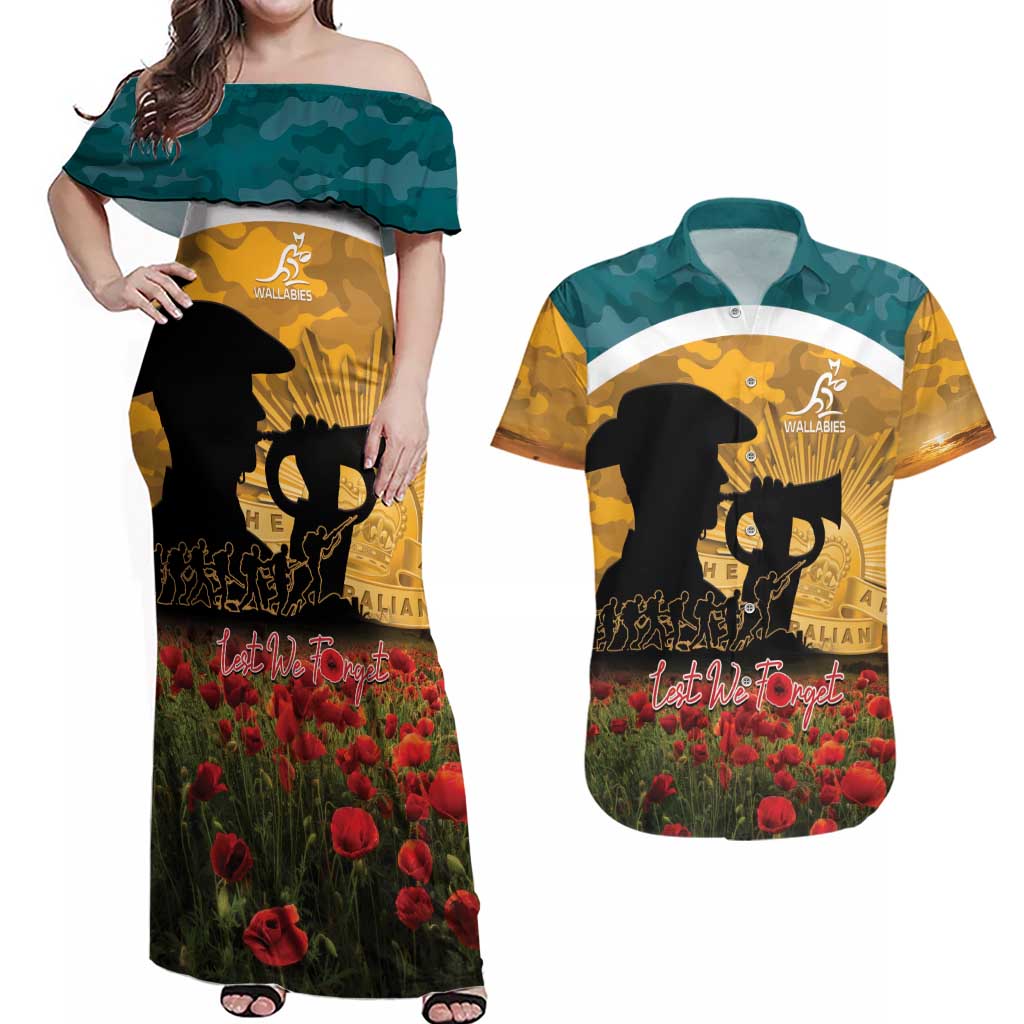 Personalised Wallabies ANZAC Day Couples Matching Off Shoulder Maxi Dress and Hawaiian Shirt Last Post Poppy Lest We Forget