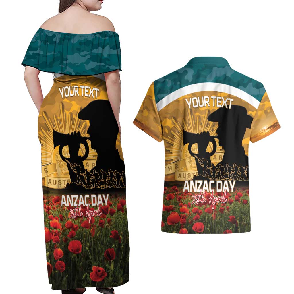 Personalised Wallabies ANZAC Day Couples Matching Off Shoulder Maxi Dress and Hawaiian Shirt Last Post Poppy Lest We Forget