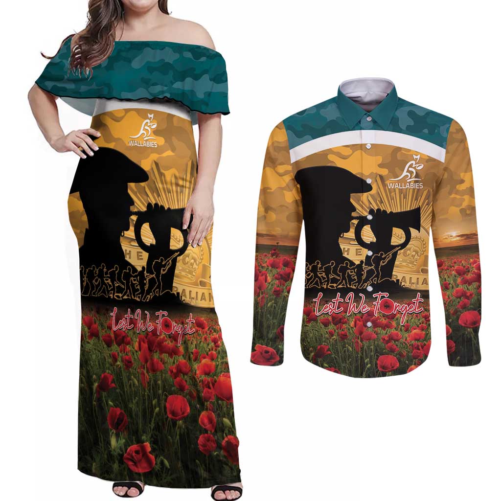 Personalised Wallabies ANZAC Day Couples Matching Off Shoulder Maxi Dress and Long Sleeve Button Shirt Last Post Poppy Lest We Forget
