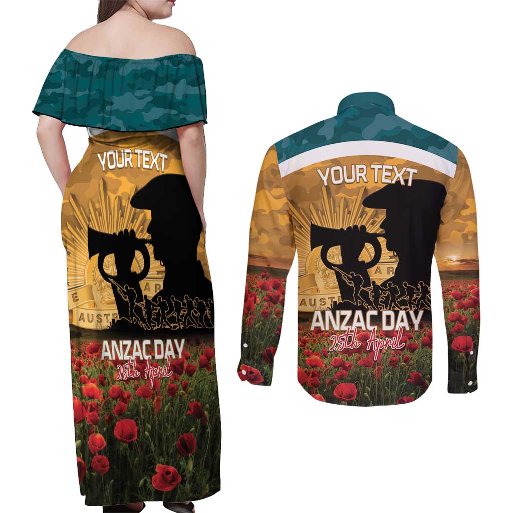 Personalised Wallabies ANZAC Day Couples Matching Off Shoulder Maxi Dress and Long Sleeve Button Shirt Last Post Poppy Lest We Forget