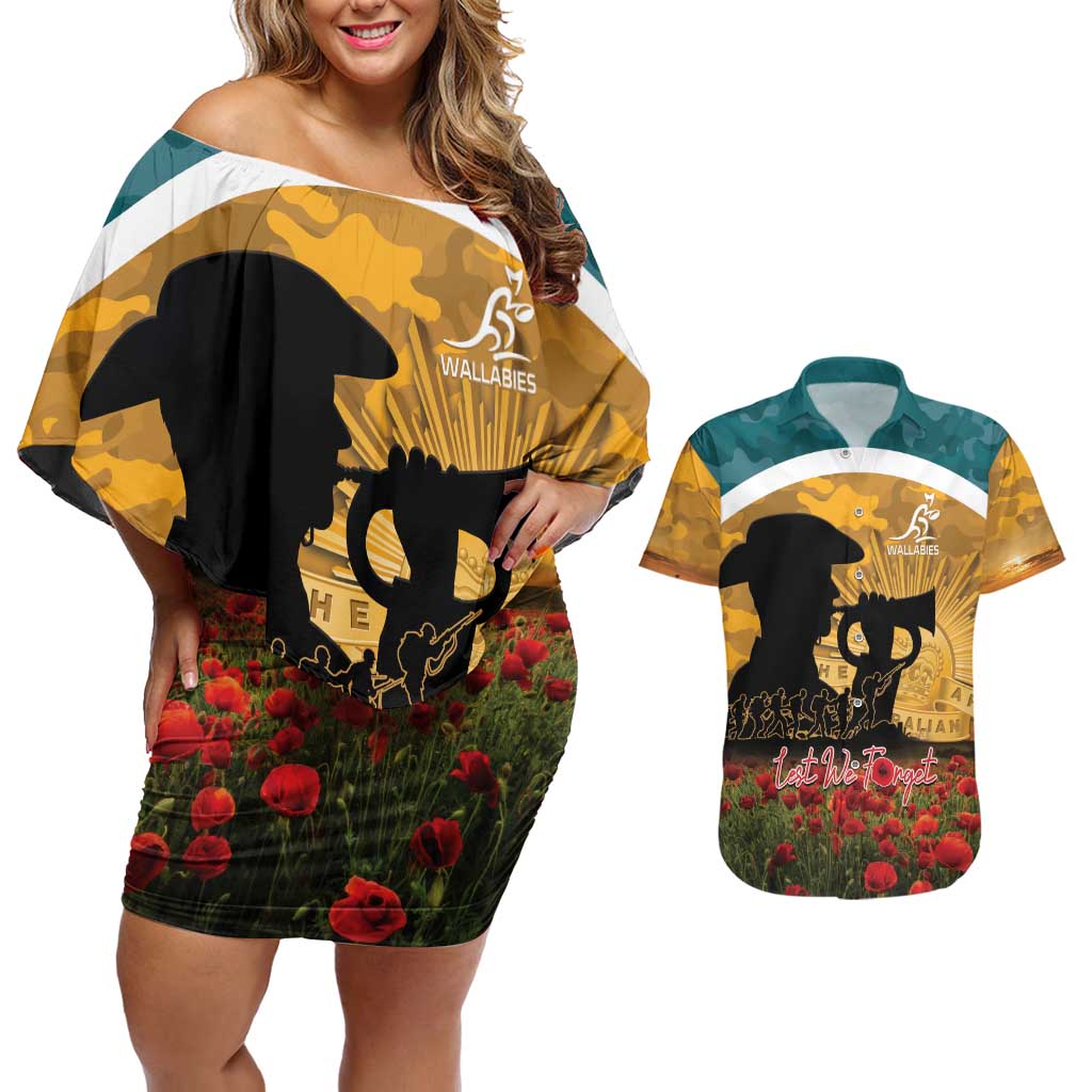 Personalised Wallabies ANZAC Day Couples Matching Off Shoulder Short Dress and Hawaiian Shirt Last Post Poppy Lest We Forget