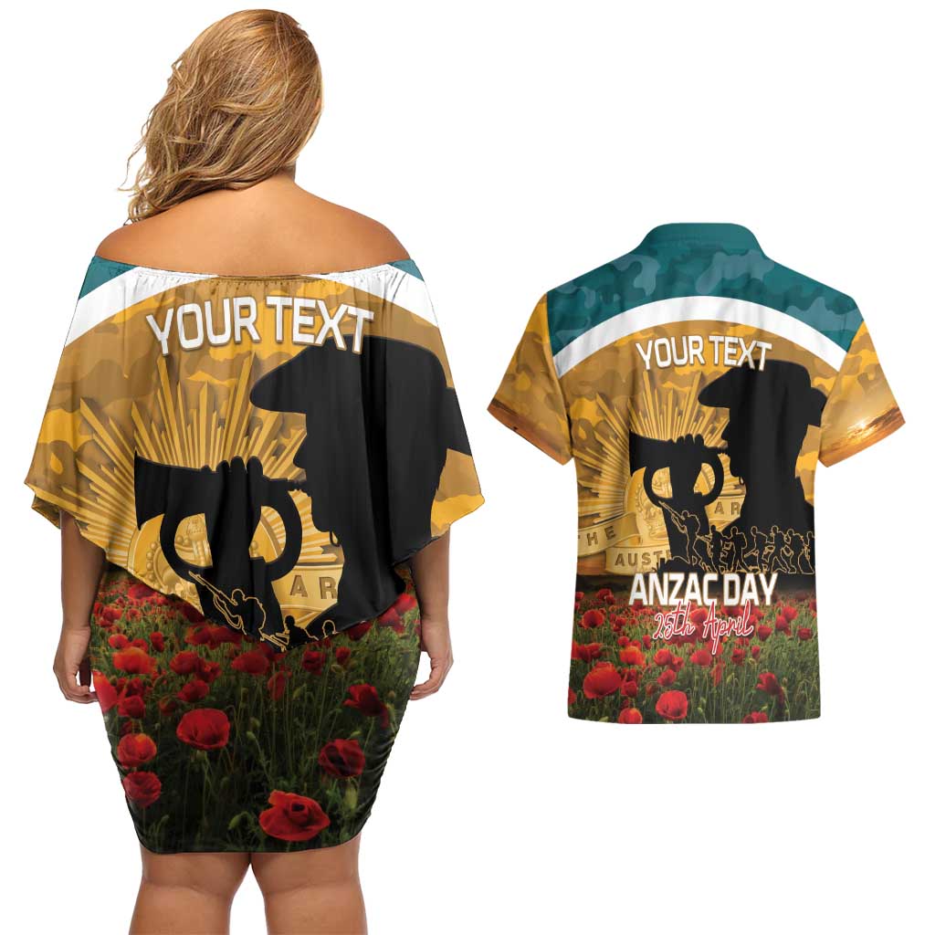 Personalised Wallabies ANZAC Day Couples Matching Off Shoulder Short Dress and Hawaiian Shirt Last Post Poppy Lest We Forget