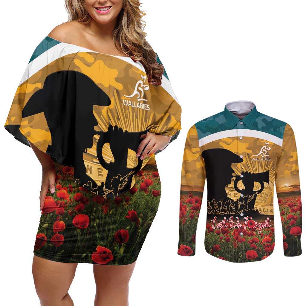 Personalised Wallabies ANZAC Day Couples Matching Off Shoulder Short Dress and Long Sleeve Button Shirt Last Post Poppy Lest We Forget