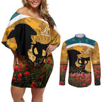 Personalised Wallabies ANZAC Day Couples Matching Off Shoulder Short Dress and Long Sleeve Button Shirt Last Post Poppy Lest We Forget