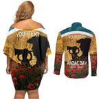 Personalised Wallabies ANZAC Day Couples Matching Off Shoulder Short Dress and Long Sleeve Button Shirt Last Post Poppy Lest We Forget