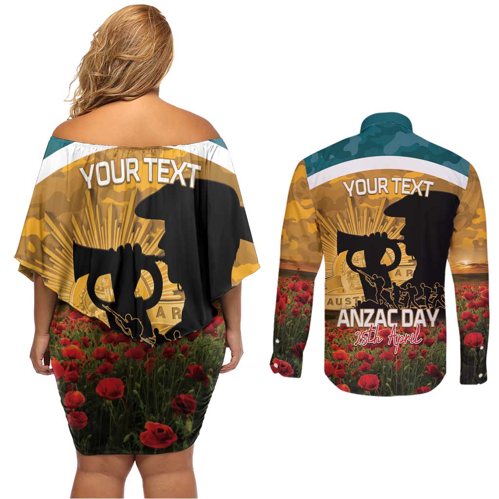Personalised Wallabies ANZAC Day Couples Matching Off Shoulder Short Dress and Long Sleeve Button Shirt Last Post Poppy Lest We Forget