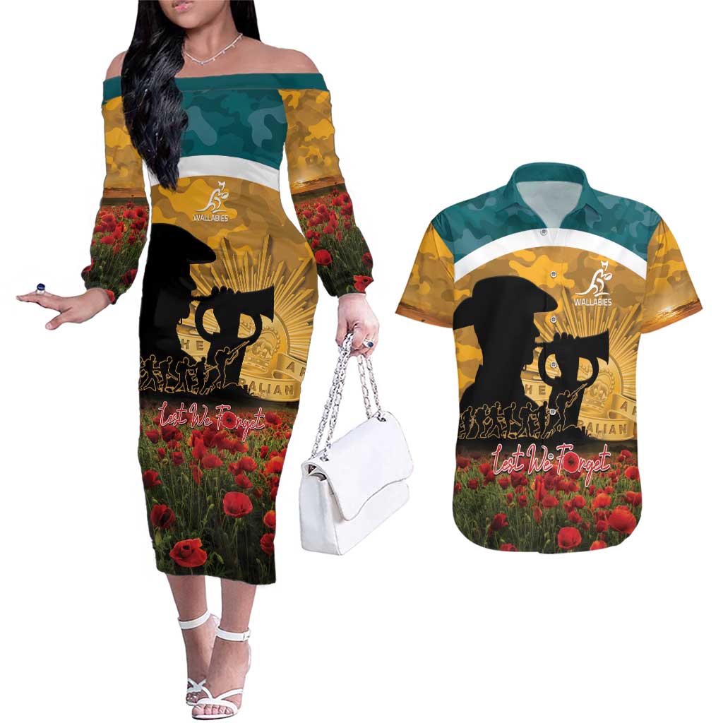 Personalised Wallabies ANZAC Day Couples Matching Off The Shoulder Long Sleeve Dress and Hawaiian Shirt Last Post Poppy Lest We Forget