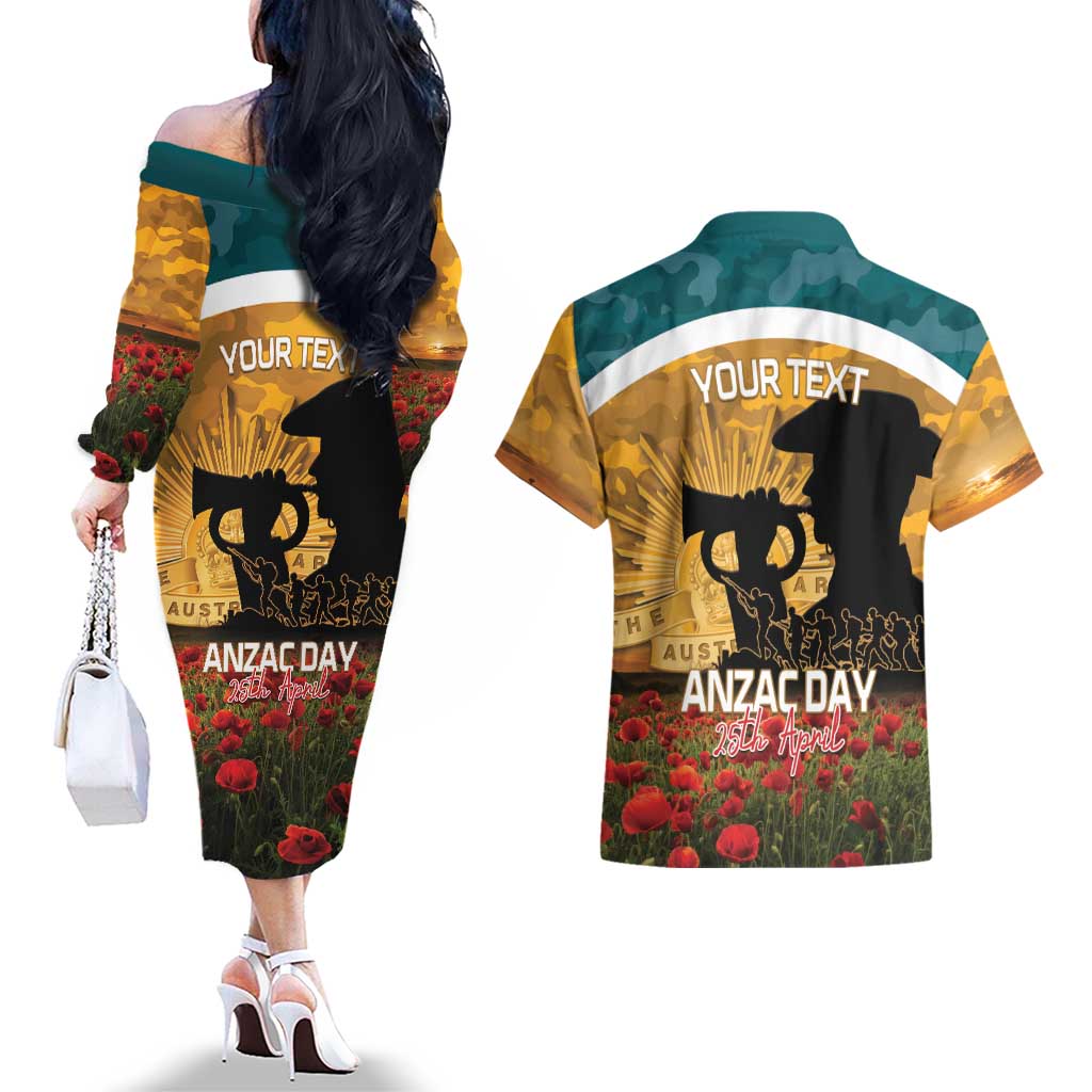 Personalised Wallabies ANZAC Day Couples Matching Off The Shoulder Long Sleeve Dress and Hawaiian Shirt Last Post Poppy Lest We Forget