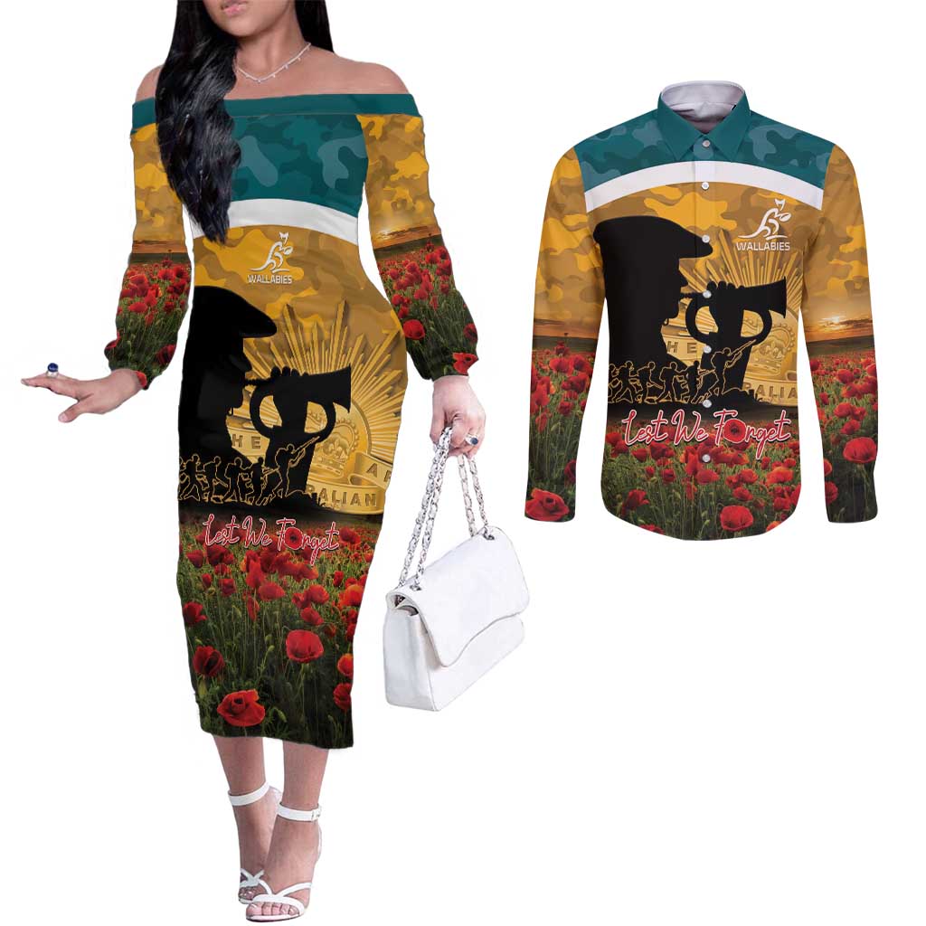 Personalised Wallabies ANZAC Day Couples Matching Off The Shoulder Long Sleeve Dress and Long Sleeve Button Shirt Last Post Poppy Lest We Forget