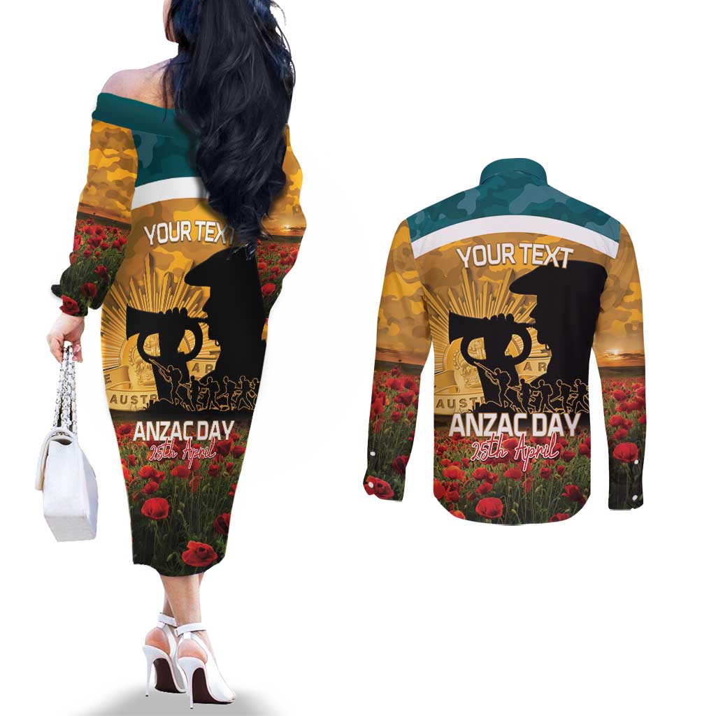 Personalised Wallabies ANZAC Day Couples Matching Off The Shoulder Long Sleeve Dress and Long Sleeve Button Shirt Last Post Poppy Lest We Forget