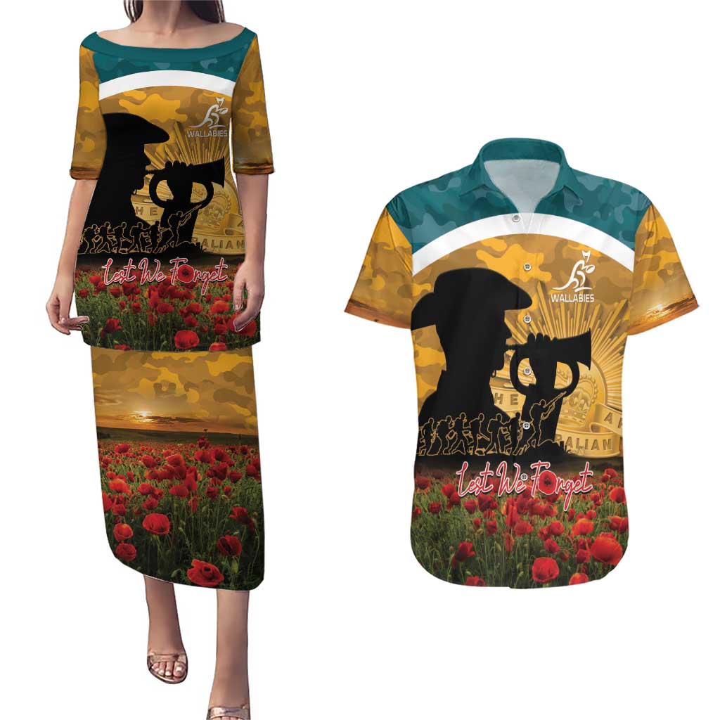 Personalised Wallabies ANZAC Day Couples Matching Puletasi and Hawaiian Shirt Last Post Poppy Lest We Forget