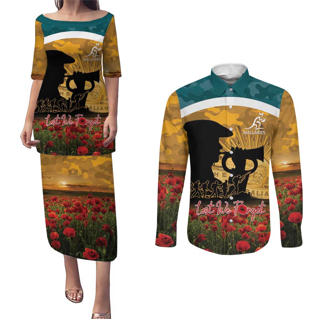 Personalised Wallabies ANZAC Day Couples Matching Puletasi and Long Sleeve Button Shirt Last Post Poppy Lest We Forget