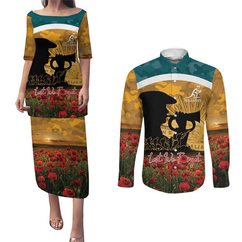 Personalised Wallabies ANZAC Day Couples Matching Puletasi and Long Sleeve Button Shirt Last Post Poppy Lest We Forget