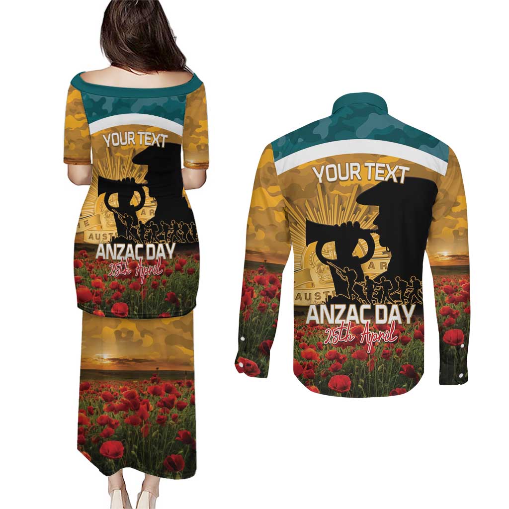 Personalised Wallabies ANZAC Day Couples Matching Puletasi and Long Sleeve Button Shirt Last Post Poppy Lest We Forget